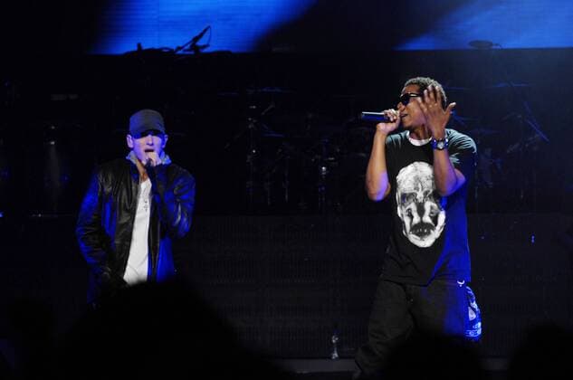 Rappers Eminem (L) and Jay-Z performs on-stage at the launch of DJ Hero at the Wiltern Theatre on June 1, 2009 in Los Angeles. USA - 2009 - DJ Hero launch in Los Angeles - Inside  Copyright: xJaredxMilgrimx