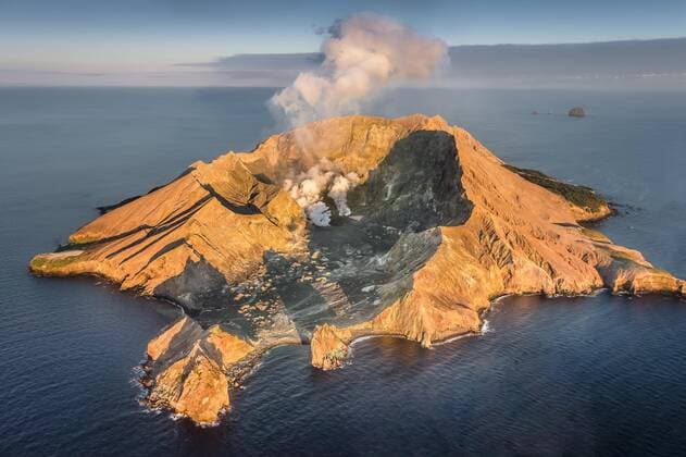 Aerial view of the volcanic island White Island with view into the crater, rising steam, morning mood, Whakaari, volcanic island, Bay of Plenty, North Island, New Zealand, Oceania Copyright: imageBROKER/GerhardxZwerger-Schoner ibxgzs04897905.jpg