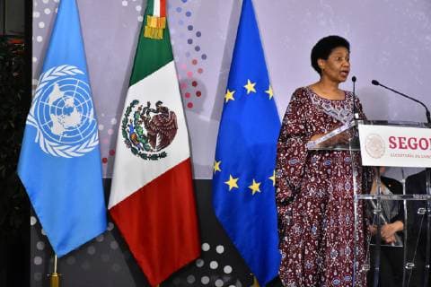 May 29, 2019 - Mexico City, Mexico - Former vice president of South Africa Phumzile Mlambo-Ngcuka speaks during a press conference to launch the Spotlight initiative against of feminicides in Mexico at Ministry of Foreign Relations on May 29, 2019 in Mexico City, Mexico Mexico City Mexico  - ZUMAn230 20190529_zaa_n230_467 Copyright: xCarlosxTischlerx