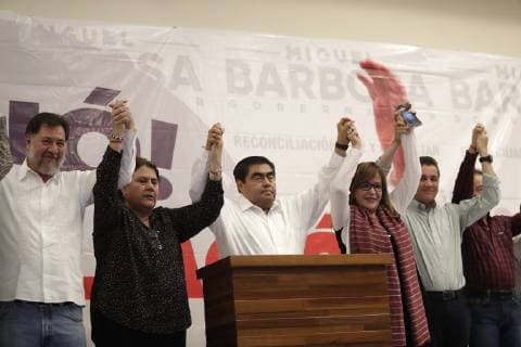 June 2, 2019 EUM20190602POL20 JPG PUEBLA, Pue ElectionsElections Puebla June 2, 2019 Miguel Barbosa, coalition candidate Together We Will Make History, declares himself the winner of the extraordinary elections to the governorship of Puebla assures that he is for more than 50 of the vote Accompanied by Yeidckol Polevnsky, national leader of Morena Photo Agency EL UNIVERSALIvan StephensEELG  - ZUMAu78_ 20190602_zaf_u78_045 Copyright: xElxUniversalx