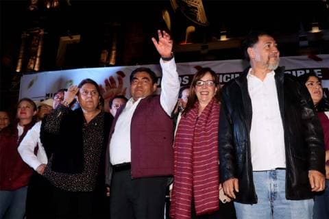 June 2, 2019 EUM20190602POL34 JPG PUEBLA, Pue ElectionsElections Puebla June 2, 2019 Miguel Barbosa celebrates the virtual triumph, which gives him preliminary results, as new governor of Puebla He is accompanied by Yeidckol Polevnsky der, national leader of Morena, and federal deputy Gerardo Fernandez Norona der Foto Agencia EL UNIVERSALEELG  - ZUMAu78_ 20190602_zaf_u78_068 Copyright: xElxUniversalx