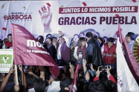June 2, 2019 EUM20190602POL39 JPG PUEBLA, Pue ElectionsElections Puebla June 2, 2019 Miguel Barbosa celebrates the virtual triumph, which gives him preliminary results, as new governor of Puebla He is accompanied by Yeidckol Polevnsky, national leader of Morena, and federal congressman Gerardo Fernandez Norona Photo Agency EL UNIVERSALIvan StephensEELG  - ZUMAu78_ 20190602_zaf_u78_072 Copyright: xElxUniversalx
