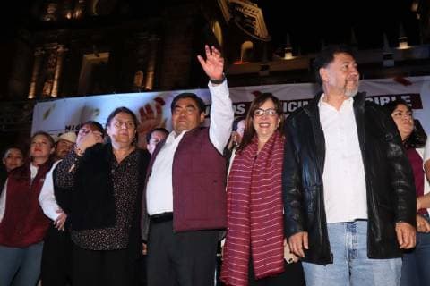 June 3, 2019 EUM20190602POL40 JPG PUEBLA, Pue ElectionsElecciones Puebla June 2, 2019 Miguel Barbosa celebrates the virtual triumph, which gives him preliminary results, as new governor of Puebla He is accompanied by Yeidckol Polevnsky, national leader of Morena, and federal congressman Gerardo Fernandez Norona Photo Agency EL UNIVERSALEELG  - ZUMAu78_ 20190603_zaf_u78_001 Copyright: xElxUniversalx