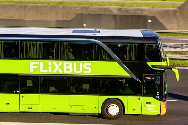 DEU, Germany, Baden Württemberg, Stuttgart, 02 06 2019 Flixbus on the A8 motorway at Stuttgart airport