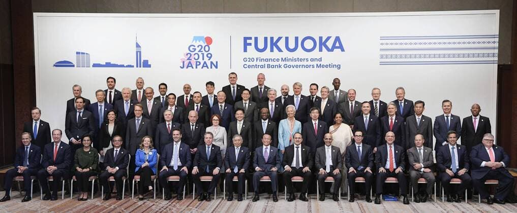 News Themen der Woche KW23 News Bilder des Tages G-20 finance chiefs meeting in Fukuoka Finance chiefs of the Group of 20 major economies pose for photos after the conclusion of their two-day meeting in Fukuoka, southwestern Japan, on June 9, 2019. 