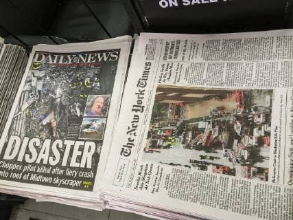New York newspapers report on helicopter accident Front pages on Tuesday, June 11, 2019 of the New York Daily News and the New York Times report on the previous days accident where a helicopter crashed into an office building in Midtown Manhattan killing the pilot. (  RichardxB.xLevine