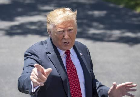 President Donald Trump responds to a reporter s question during an impromptu press conference on the South Lawn of the White House in Washington, DC on June 11, 2019. He then departed for Iowa.  WAS2019061101 PATxBENIC