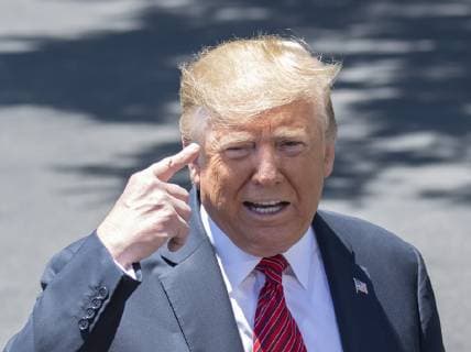 President Donald Trump points to his brain as he makes a derogatory remark against former Vice President and 2020 Democratic Presidential candidate Joe Biden during an impromptu press conference on the South Lawn of the White House in Washington, DC on June 11, 2019. Trump then departed for Iowa.  WAS2019061109 PATxBENIC