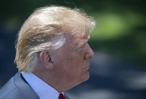 President Donald Trump s hair blows in the wind as he responds to a reporter s question during an impromptu press conference on the South Lawn of the White House in Washington, DC on June 11, 2019. He then departed for Iowa.  WAS2019061111 PATxBENIC