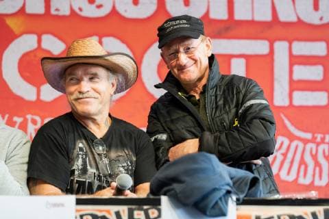 Press conference on the music festival and motor sports festival Werner Das Rennen 2019 Konny Reimann, emigrant, protagonist and racing driver at the Werner Rennen 2019, Andi Feldmann, brother of Rötger Brösel Feldmann, protagonist and racing driver at the Werner Rennen 2019 Press conference on the music festival and motor sports festival Werner Das Rennen 2019, Hamburg Hamburg Germany Airfield Hartenholm