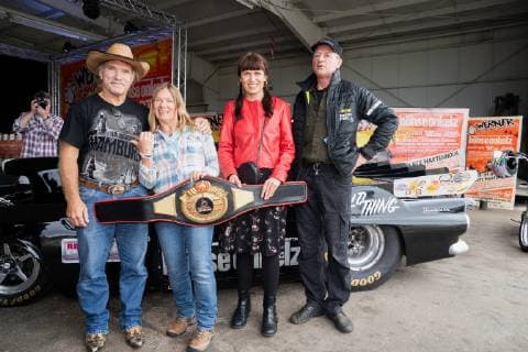Press conference on the music festival and motor sports festival Werner Das Rennen 2019 Konny Reimann, Manu Reimann, Petra Feldmann wife of Rötger , Andi Feldmann from left Press conference on the music festival and motor sports festival Werner Das Rennen 2019 , Hamburg Hamburg Germany Airport Hartenholm