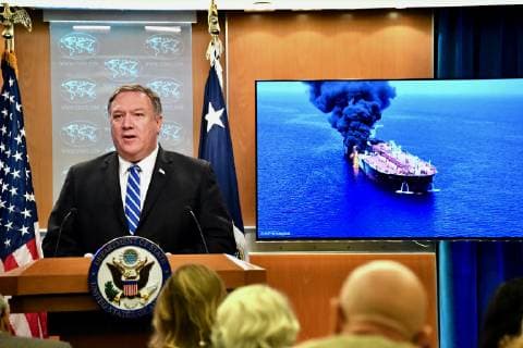 Washington, Mike Pompeo Pressekonferenz zu Anschlägen im Golf von Oman June 13, 2019 - Washington, District of Columbia, USA: U.S. Secretary of State MICHAEL R. POMPEO delivers remarks to the media in the press briefing room at the U.S. Department of State. Pompeo blamed Iran for attacks earlier in the day on oil tankers in the Gulf of Oman. Washington U.S.  - ZUMA 20190613_new_z03_001 Copyright: xMichaelxGross USxDepartmentxofxStatex