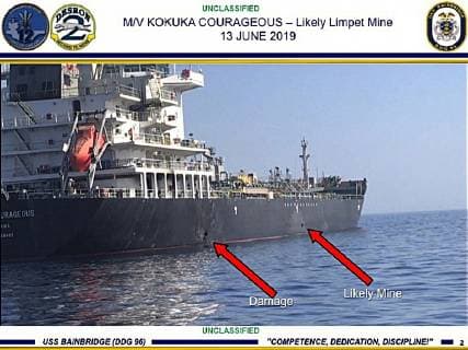 June 14, 2019 - Gulf of Oman - image handout photo of damage to M V Kokuka Courageous on June 13, 2019 in the Gulf of Oman. Damage from an explosion, left, and a likely limpet mine can be seen on the hull of the civilian vessel, according to the U.S. Dept. of Defense. The Kokuka Courageous is one of two ships attacked in the Gulf of Oman on Thursday. Gulf of Oman  - ZUMA 20190614_int_z03_001 Copyright: xUSxNavyx