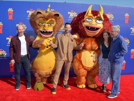 (L-R) Andrew Goldberg, Nick Kroll, Jennifer Flackett and Mark Levin arrive for the taping of the 28th annual MTV Movie & TV Awards ceremony at the Barker Hangar in Santa Monica, California on June 15, 2019. The show will air on Monday, June 17th.  LAP20190615217 JIMxRUYMEN