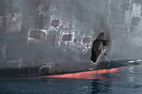 June 13, 2019 - Gilf of Oman - Hull penetration blast damage sustained from a limpet mine attack on the starboard side of motor vessel M T Kokuka Courageous, while operating in the Gulf of Oman, June 13, 2019. Gilf of Oman - ZUMAz03_ 20190613_sha_z03_284 Copyright: xDoDx