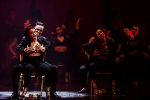 Actors-dancers perform on stage the play Camino a Broadway (Way to Broadway) during the gala held at the Cervantes theatre in which Spanish flamenco singer Rosalia received the Antonio Banderas Stage Arts award in Malaga, southern Spain, 18 June 2019. ROSALIA RECEIVES STAGE ARTS AWARD !ACHTUNG: NUR REDAKTIONELLE NUTZUNG!  Copyright: xJorgexZapatax GRAF690 20190619-636965015051482031