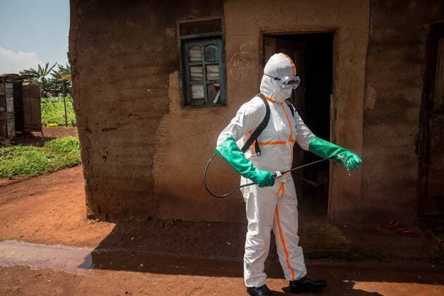 June 13, 2019 - Beni, Democratic Republic of Congo - World Health Organization worker Belinda Landu, 28, decontaminates the house of a pastor who has just tested positive for Ebola in Beni..The DRC is currently experiencing the second largest Ebola outbreak in recorded history, and the response is hampered by it being in an active conflict zone. More than 1,400 people have died since August 2018. Beni Democratic Republic of Congo - ZUMAs197 20190613_zab_s197_051 Copyright: xSallyxHaydenx