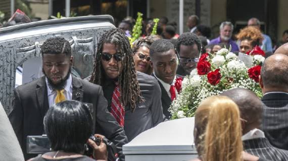 June 22, 2019 - Temple Terrace, Florida, U.S. - Family and friends of 14 year old Hezekiah B. Walters, carry out the casket that hold Walter s as they exit the funeral held for Walters on Saturday, June 22, 2019 in Temple Terrace. Walters, a Middleton High football player, collapsed and subsequently died after running conditioning drills at the school. Temple Terrace U.S. - ZUMAs70_ 20190622_zan_s70_001 Copyright: xAngeliquexHerringx