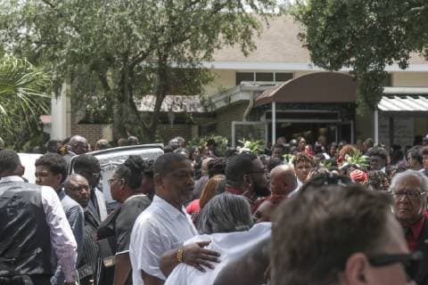 June 22, 2019 - Temple Terrace, Florida, U.S. - Family and friends of 14 year old Hezekiah B. Walters, gather outside of Tampa s Bible Based Fellowship church following the funeral held for Walters on Saturday, June 22, 2019 in Temple Terrace. Walters, a Middleton High football player, collapsed and subsequently died after running conditioning drills at the school. Temple Terrace U.S. - ZUMAs70_ 20190622_zan_s70_002 Copyright: xAngeliquexHerringx