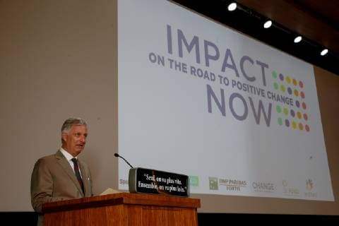 King Philippe - Filip of Belgium delivers a speech at a ceremony to award the Impact Awards, Monday 24 June 2019, in Brussels.  NICOLASxMAETERLINCK 05612307