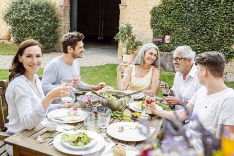 Happy family eating together in the garden, clinking glasses model released Symbolfoto property released  PESF01645