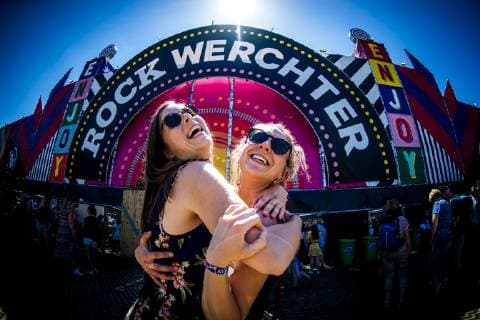 Festival goers pose for the photographer, on the first day of the Rock Werchter music festival in Werchter, Thursday 27 June 2019. The 45th edition of the festival is taking place from 27 to 30 June.  JASPERxJACOBS 05614200