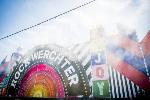 Illustration picture shows a sprinkler installation at the entrance during the first day of the Rock Werchter music festival in Werchter, Thursday 27 June 2019. The 45th edition of the festival is taking place from 27 to 30 June.  JASPERxJACOBS 2360513