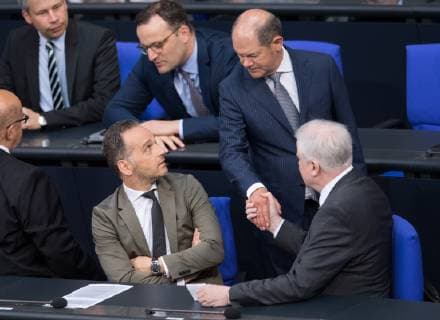 Foreign Minister Heiko MAAS SPD , Health Minister Jens SPAHN CDU , Finance Minister Olaf SCHOLZ SPD and Interior Minister Horst SEEHOFER l r CSU 107 Plenary Session in the German Bundestag in Berlin, Germany on 27 06 2019