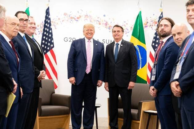 June 28, 2019 - Osaka, Japan - President Donald J. Trump participates in a bilateral meeting with the President of the Federative Republic of Brazil JAIR BOLSONARO at the G20 Japan Summit Friday, June 28, 2019, in Osaka, Japan. Osaka Japan - ZUMAz03_ 20190628_sha_z03_009 Copyright: xWhitexHousex