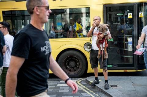 June 29, 2019 - PETA (People for the Ethical Treatment of Animals) supporters demonstrate against animals being used in the brands clothing outside Canada Goose Regent Street store on June 29th 2019 n London, United Kingdom while observing an injunction passed in December 2017, which restricts the protestors use of loudspeakers to 15 minute intervals and imposing an Ã¢â‚¬oeExclusion ZoneÃ¢â‚¬Â around the store protestors can not pass.  - ZUMAr152 20190629_zaa_r152_048 Copyright: xOlliexMillingtonx xRmvx
