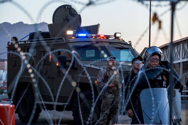 July 1, 2019 - Ciudad Juarez, Chihuahua, MEX - U.S. Customs and Border Protection and Border Patrol agents occupy the Paso del Norte Bridge as they block traffic from coming into the United States to El Paso, Texas, after protests in the early morning took place in Ciudad Juarez, Chihuahua, Mexico. Agents began letting pedestrians to cross by checking identification one person at a time once the protests subsided. Ciudad Juarez MEX - ZUMAj106 20190701_zap_j106_002 Copyright: xJoelxAngelxJuarezx