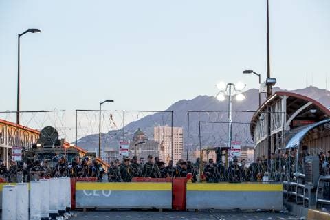 July 1, 2019 - Ciudad Juarez, Chihuahua, MEX - U.S. Customs and Border Protection and Border Patrol agents occupy the Paso del Norte Bridge as they block traffic from coming into the United States to El Paso, Texas, after protests in the early morning took place in Ciudad Juarez, Chihuahua, Mexico. Agents began letting pedestrians to cross by checking identification one person at a time once the protests subsided. Ciudad Juarez MEX - ZUMAj106 20190701_zap_j106_003 Copyright: xJoelxAngelxJuarezx