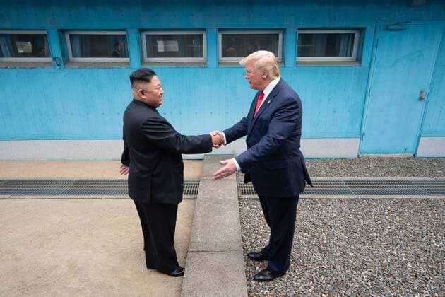 June 30, 2019, Korean Demilitarized Zone: President DONALD TRUMP meets North Korean leader KIM JONG-UN meet at the Freedom House on the southern side of the truce village of Panmunjom in the Demilitarized Zone, which separates the two Koreas. Earlier, Trump became the first sitting U.S. president to step onto North Korean soil. Korean Demilitarized Zone - ZUMAz03_ 20190630_sha_z03_048 Copyright: xWhitexHousex