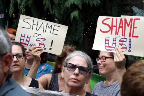 July 2, 2019 - New York City, New York, US - A diverse crowd of activists rallied outside the Middle Collegiate Church in New York s East Village on 2 July, 2019, to sent a message to members of Congress who are in their home districts for the Fourth of July holiday, that immigrants children are denied soap and toothbrushes, while crowded into unsafe United States Customs and Border Protection (CBP) and U.S. Immigration and Customs Enforcement (ICE) detention across the USA. And some dying in custody-or dying with parents as they cross the Rio Grande. New York City US - ZUMAl135 20190702_zap_l135_023 Copyright: xG.xRonaldxLopezx