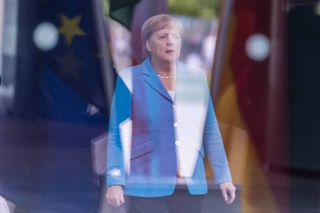 Berlin, Merkel receives Irelands President Michael D Higgins Germany, Berlin 03 07 2019 The picture shows Angela Merkel CDU through a disc before she receives Irelands President Michael D Higgins Berlin Federal Chancellery Berlin Germany