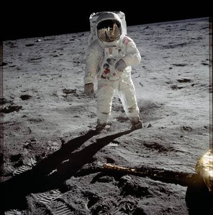Astronaut Buzz Aldrin walks on the surface of the moon near the leg of the lunar module Eagle during the Apollo 11 mission. Mission commander Neil Armstrong took this photograph with a 70mm lunar surface camera. While astronauts Armstrong and Aldrin explored the Sea of Tranquility region of the moon, astronaut Michael Collins remained with the command and service modules in lunar orbit. Apollo 11 landed on the lunar surface 50 years ago this month on July 20, 1969. NASA  WAX2019070906 NASA
