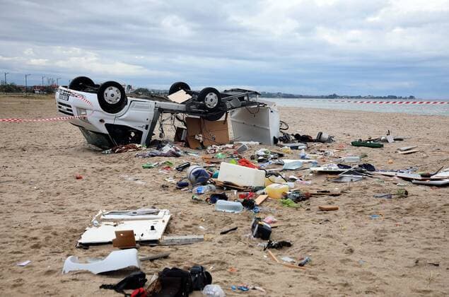 News Bilder des Tages (190711) -- HALKIDIKI, July 11, 2019 -- The wreck of a car is seen after a heavy storm on Halkidiki peninsula in northern Greece, on July 11, 2019. A strong storm hit northern Greece on Wednesday evening, leaving six people dead, dozens injured and a fisherman missing, as well as material damages, the country s fire service and the Greek national news agency AMNA reported. ) GREECE-HALKIDIKI-HEAVY STORM-AFTERMATH VassilisxVerveridis 