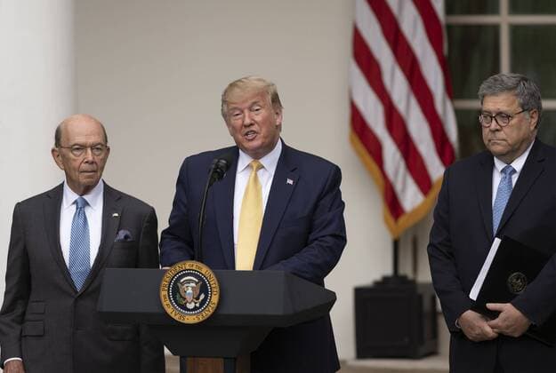 United States President Donald J. Trump, center, delivers remarks on citizenship and the census in the Rose Garden of the White House in Washington, DC on Thursday, July 11, 2019. At left is US Secretary of Commerce Wilbur L. Ross, Jr. and at right is US Attorney General William P. Barr. Copyright: x©2019xRonxSachsxConsolidatedxNewsxPhotosxxxAllxRightsxReservedx