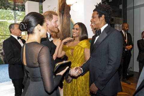. 14 07 2019. London, United Kingdom. Prince Harry, the Duke of Sussex and Meghan Markle The Duchess of Sussex with Beyonce and her husband, US rapper Jay-Z at the premiere of The Lion King in London .  xPoolx xi-Imagesx IIM-19917-0011