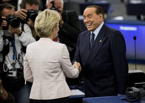 July 16, 2019 - Brussels, Belgium - 16 July 2019, France (France), StraoÅ¸burg: Silvio Berlusconi (l) from Italy, Member of the European Parliament, congratulated Ursula von der Leyen on the announcement of the election results in the Chamber. Von der Leyen becomes the new President of the EU Commission. The heads of state and government of the EU had proposed the CDU politician as successor to EU Commission President Juncker. Brussels Belgium  - ZUMAn230 20190716_zaa_n230_343 Copyright: xElyxandroxCegarrax