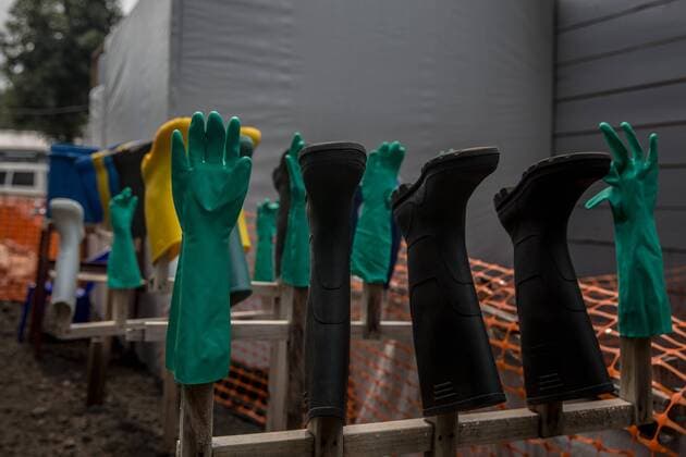 June 15, 2019 - Goma, North Kivu, Democratic Republic of Congo - Gloves and wellies at an Ebola treatment centre in Goma, DR Congo is currently experiencing the second worst Ebola outbreak in recorded history. More than 1,400 people have died. Goma Democratic Republic of Congo - ZUMAs197 20190615_zab_s197_050 Copyright: xSallyxHaydenx