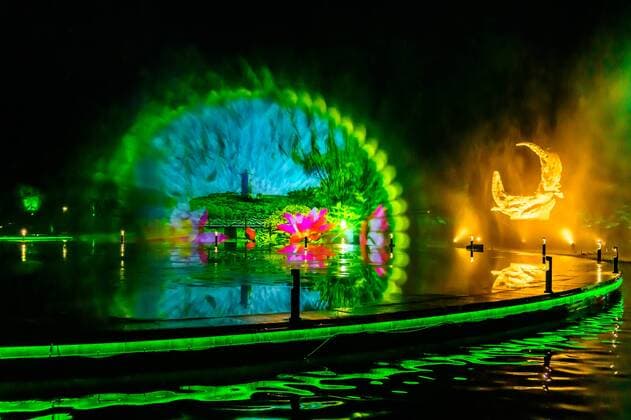July 19, 2019 - Jilin, Jilin, China - Jilin, CHINA-The musical fountain lighting show in Jingyuetan national forest park in Changchun, capital of northeast China s Jilin province, opens on July 1, 2019.Music fountain waterscape light show is located in the goddess square at the main entrance of jingyuetan, taking the statue of the goddess of the clear moon as the central point, composed of fountain, LED beam light, LED full color tree light, LED full color wash wall light, pattern light, etc., which can combine hundreds of action forms. Jilin China - ZUMAs145 20190719_zaa_s145_065 Copyright: xChixXiaoweix