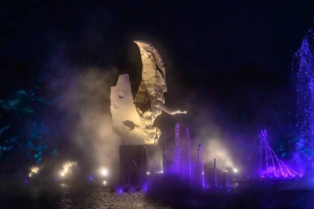 July 19, 2019 - Jilin, Jilin, China - Jilin, CHINA-The musical fountain lighting show in Jingyuetan national forest park in Changchun, capital of northeast China s Jilin province, opens on July 1, 2019.Music fountain waterscape light show is located in the goddess square at the main entrance of jingyuetan, taking the statue of the goddess of the clear moon as the central point, composed of fountain, LED beam light, LED full color tree light, LED full color wash wall light, pattern light, etc., which can combine hundreds of action forms. Jilin China - ZUMAs145 20190719_zaa_s145_086 Copyright: xChixXiaoweix