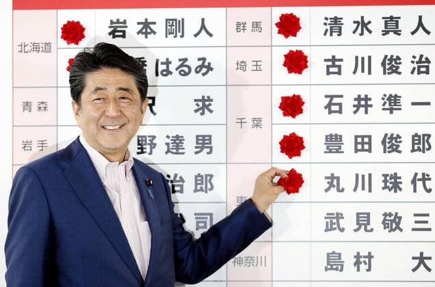 News Bilder des Tages Japan upper house election Japanese Prime Minister and Liberal Democratic Party leader Shinzo Abe attaches a rosette to the name of an LDP candidate assured of victory in the House of Councillors election on July 21, 2019, at the party s election operations center in Tokyo. 