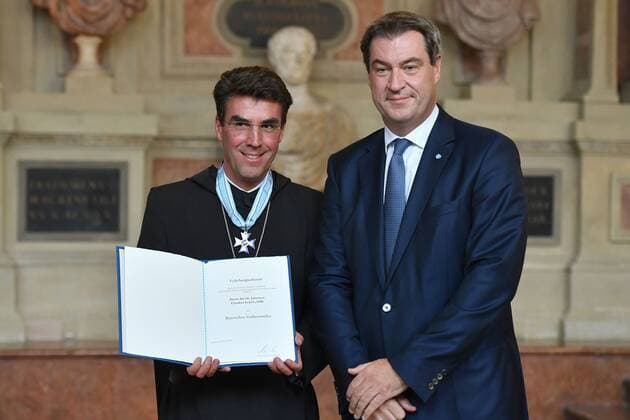 Abbot Dr Johannes Claudius ECKERT, Markus SOEDER State Premier Bavaria and CSU Chairman Bavarian Order of Merit awarded in the Antiquarium of the Munich Residence on 22 07 2019,