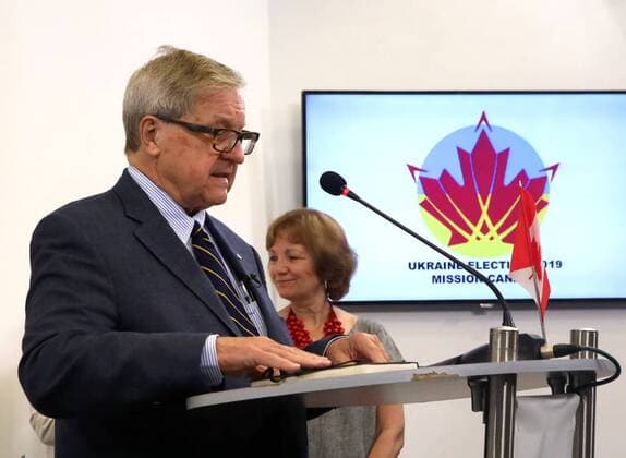 Head of Mission Canada 2019 Honorable Lloyd Axworthy delivers a speech during the presentation of the mission s preliminary report on the Ukrainian parliamentary election, Kyiv, capital of Ukraine, July 22, 2019. Ukrinform. Mission Canada 2019 presents its preliminary report on Ukrainian parliamentary election  Copyright: xTARASOVx