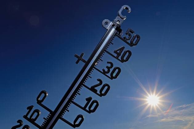 Summer in Siegerland, the next heat wave is rolling over Germany, the next days will be extremely hot again, a thermometer in front of a blue sky and the sun Summer in Siegerland on 23 07 2019 in Siegen Germany