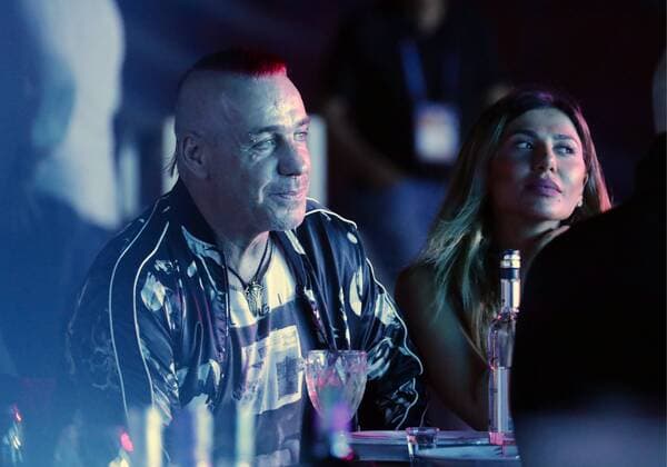 BAKU, AZERBAIJAN - JULY 26, 2019: Till Lindemann (L), lead vocalist of the German band Rammstein, attends the 2019 Zhara music festival. Vyacheslav Prokofyev TASS  TS0B4762