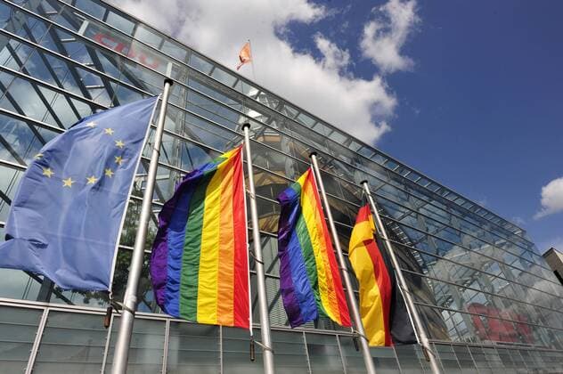 At the CDU headquarters, the Konrad Adenauer Haus, two rainbow flags are flagged next to the European flag and the German flag Christopher Street Day Berlin