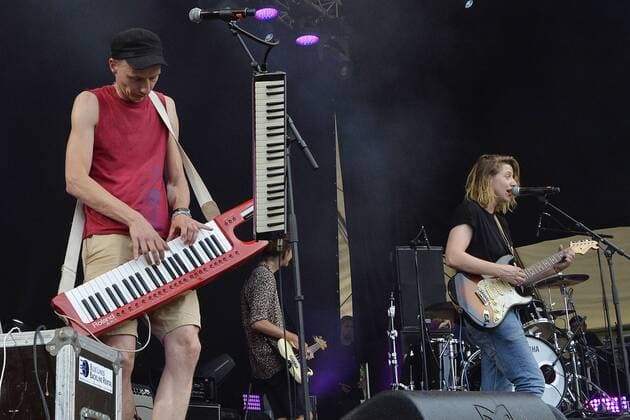 Musikfestival Heimspiel Knyphausen 26 28 July 2019 , concert of the band Theodor Storm on 27 July 2019 performance of the band Theodor Shitstorm at the Musikfestival Heimspiel Knyphausen 2019 In the picture Desiree Klaeukens Gesang Gitarre re and Dietrich Brüggemann li Eltville am Rhein Hessen Germany Draiser Hof